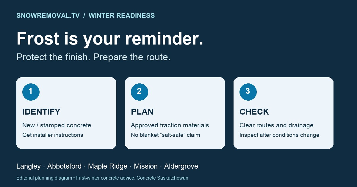 SnowRemoval.tv planning diagram showing concrete identification, approved traction materials and repeat route inspections