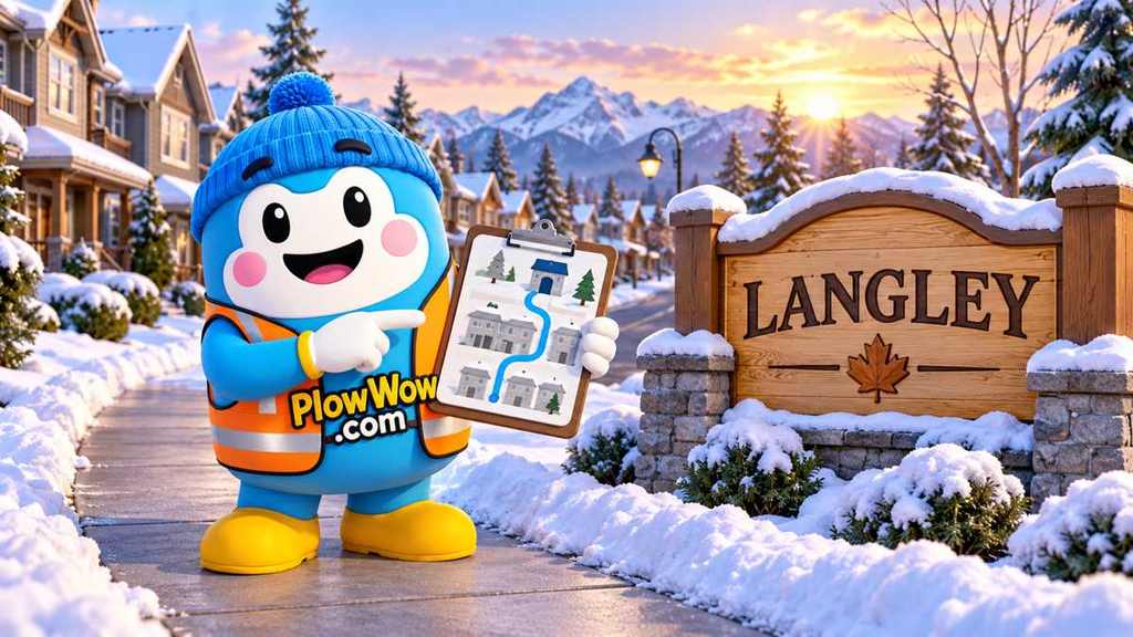 Wow maps the walking route beside a Langley welcome sign, connecting homes and entrances. AI illustration by PlowWow; the sign is decorative and does not imply Township endorsement.